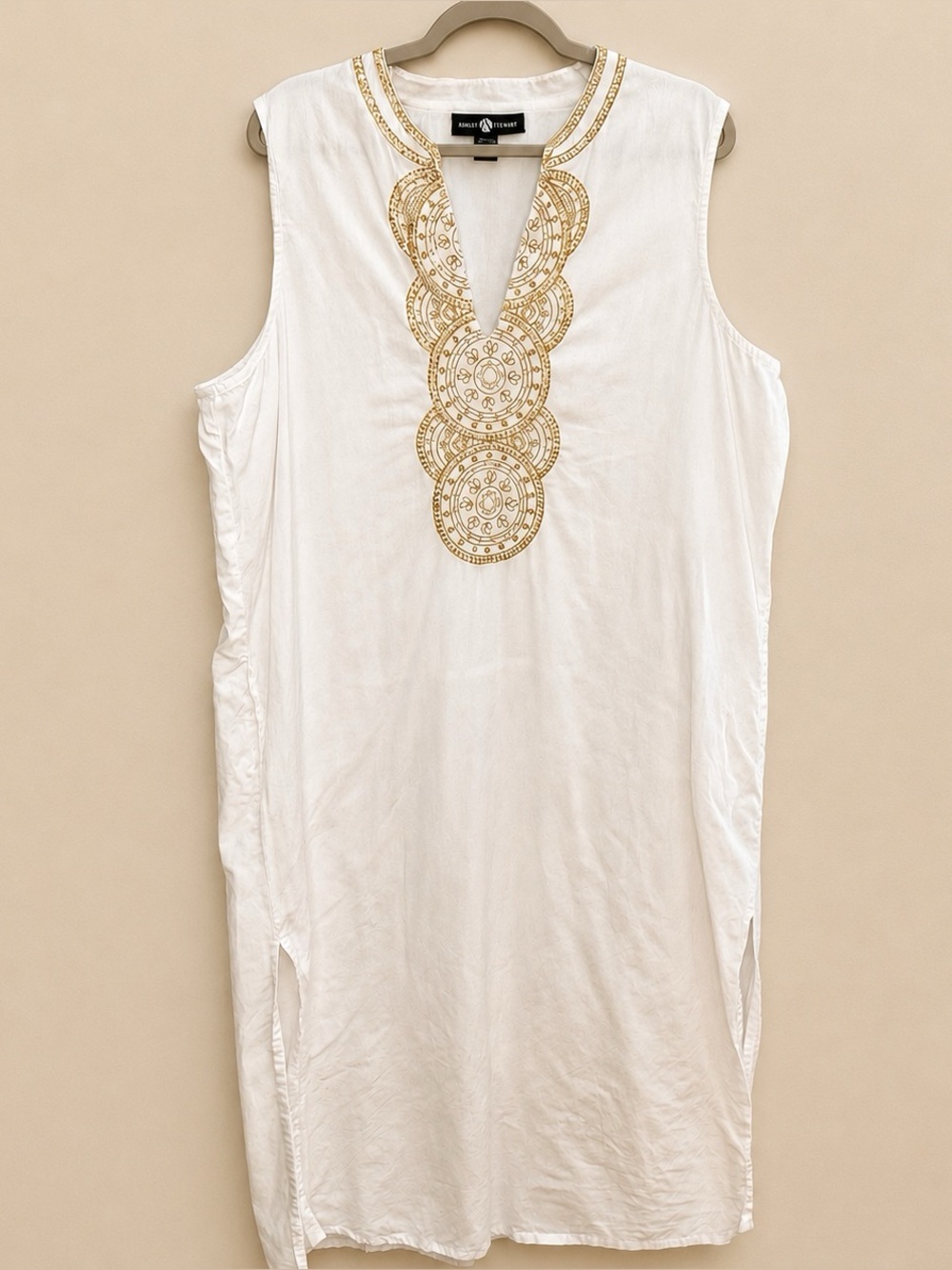 Ashley Stewart White Linen Blend Embroidered Sleeveless Tunic Maxi Dress 22/24